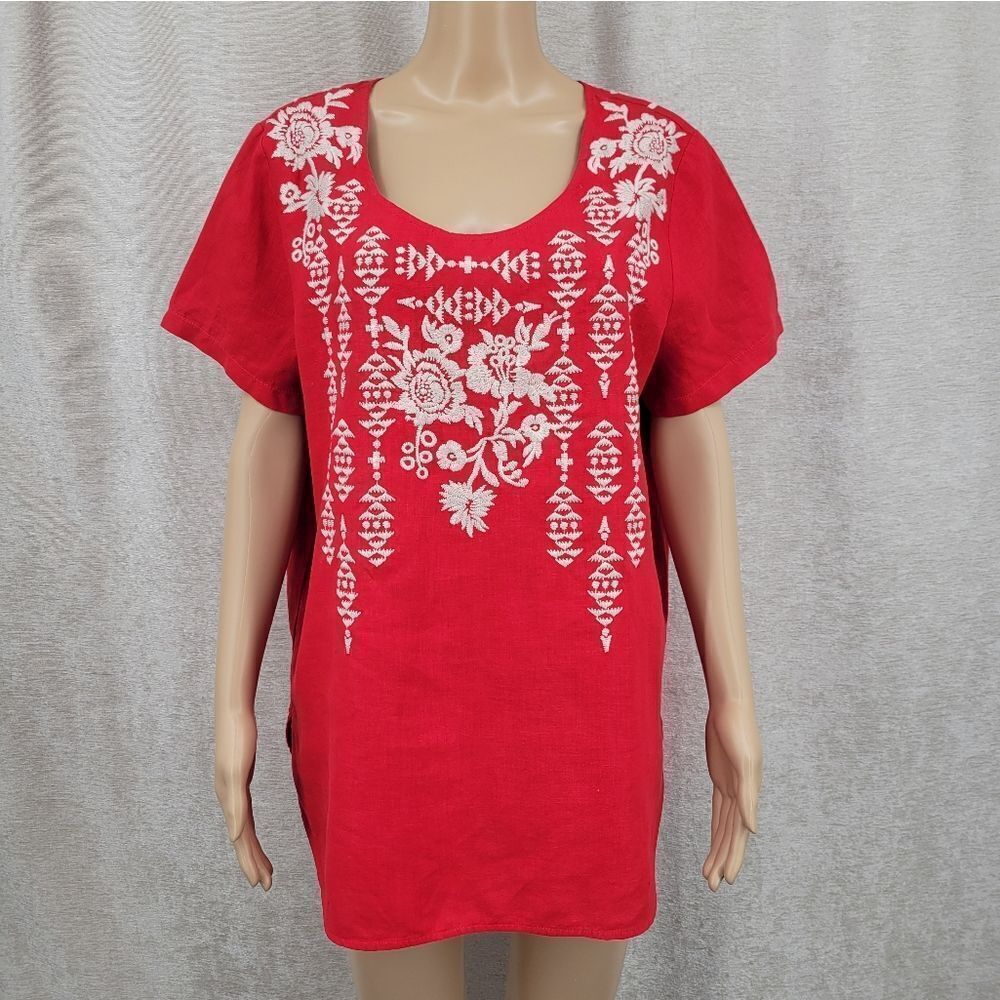 Johnny Was Linen Red Embroidered Women's Top Size Medium